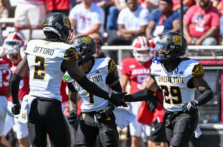 Kennesaw State's Caleb Offord (2) and Milon Jones (29) celebrate against Indiana. We're backing the Owls in our UTEP vs. Kennesaw State prediction.