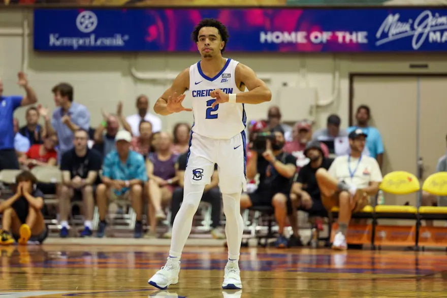 Ryan Nembhard of the Creighton Bluejays gestures after draining a 3-point shot in the first half of the game during the Maui Invitational at Lahaina Civic Center against the Texas Tech Red Raiders on November 21, 2022 in Lahaina, Hawaii.