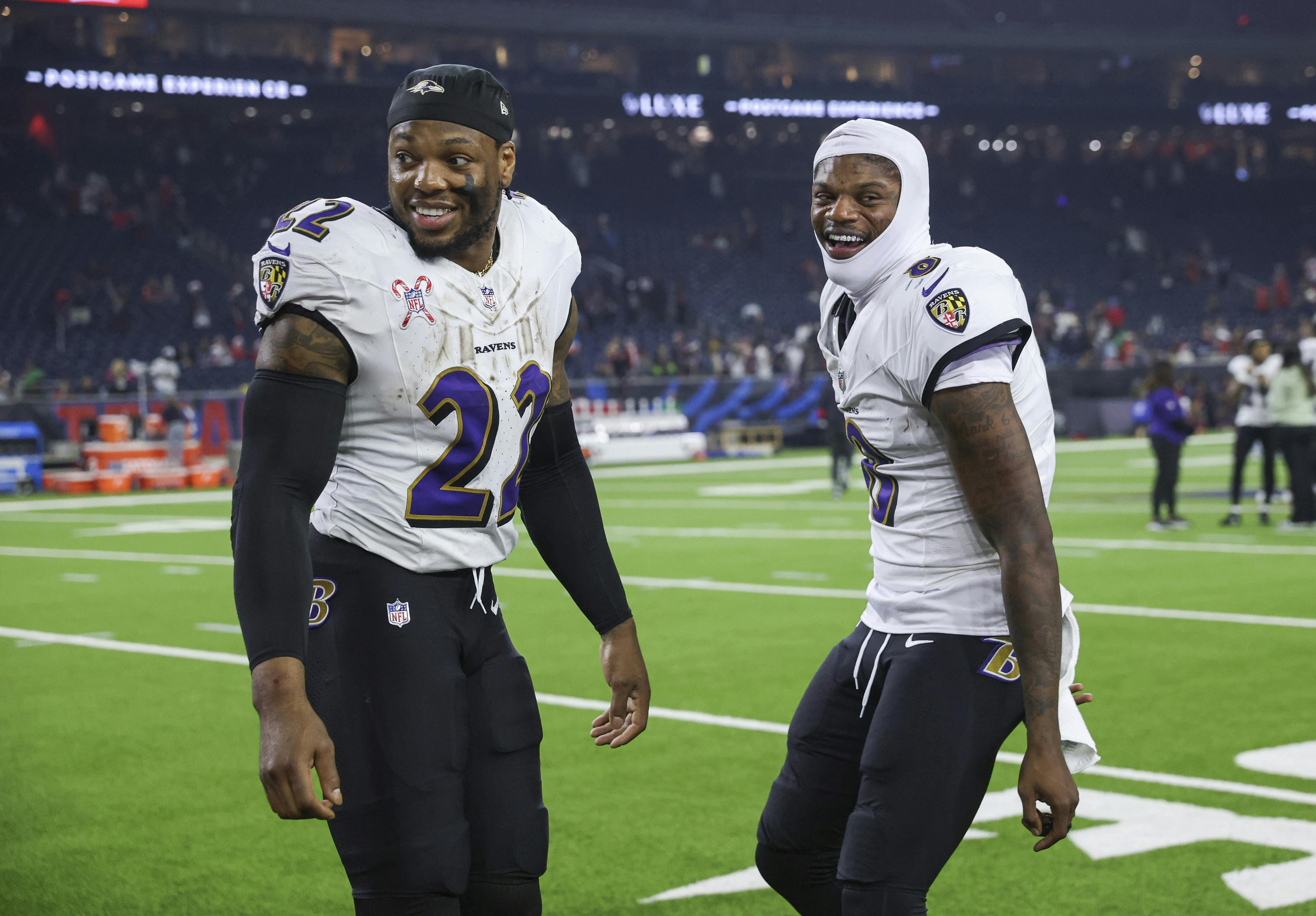 Baltimore Ravens running back Derrick Henry and quarterback Lamar Jackson smile as we offer our Steelers vs. Ravens early picks.