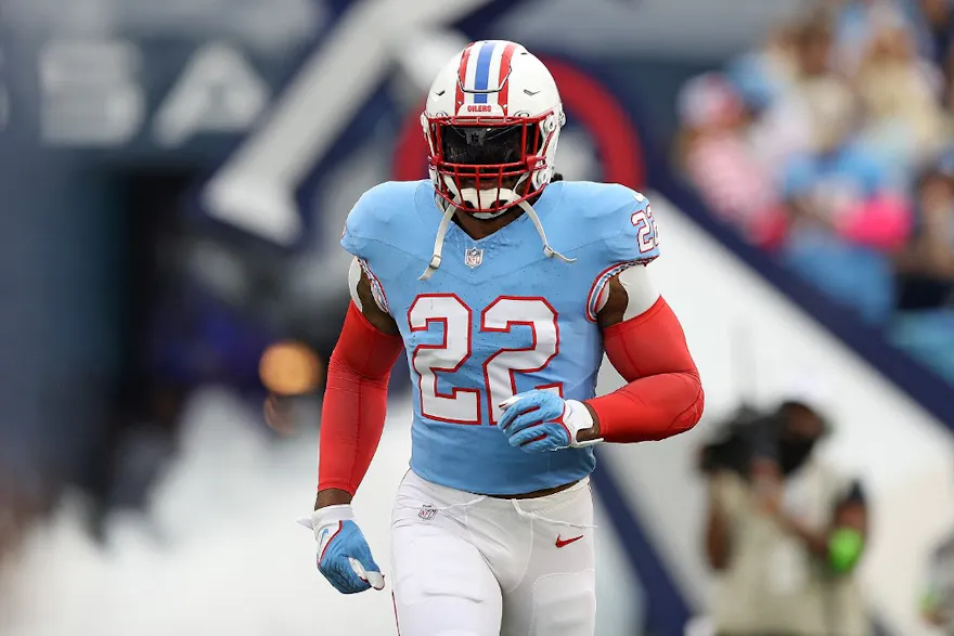 Derrick Henry of the Tennessee Titans during the game against the Atlanta Falcons at Nissan Stadium as we look at our Titans-Dolphins player props.