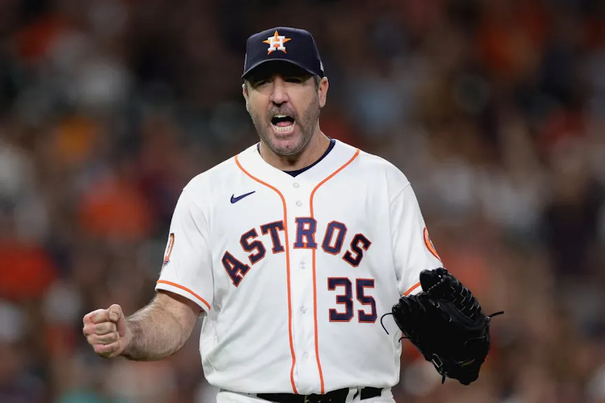 Justin Verlander of the Houston Astros reacts to striking out Pavin Smith of the Arizona Diamondbacks to get out of the seventh inning with two men on base at Minute Maid Park on September 28, 2022 in Houston, Texas.