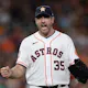 Justin Verlander of the Houston Astros reacts to striking out Pavin Smith of the Arizona Diamondbacks to get out of the seventh inning with two men on base at Minute Maid Park on September 28, 2022 in Houston, Texas.