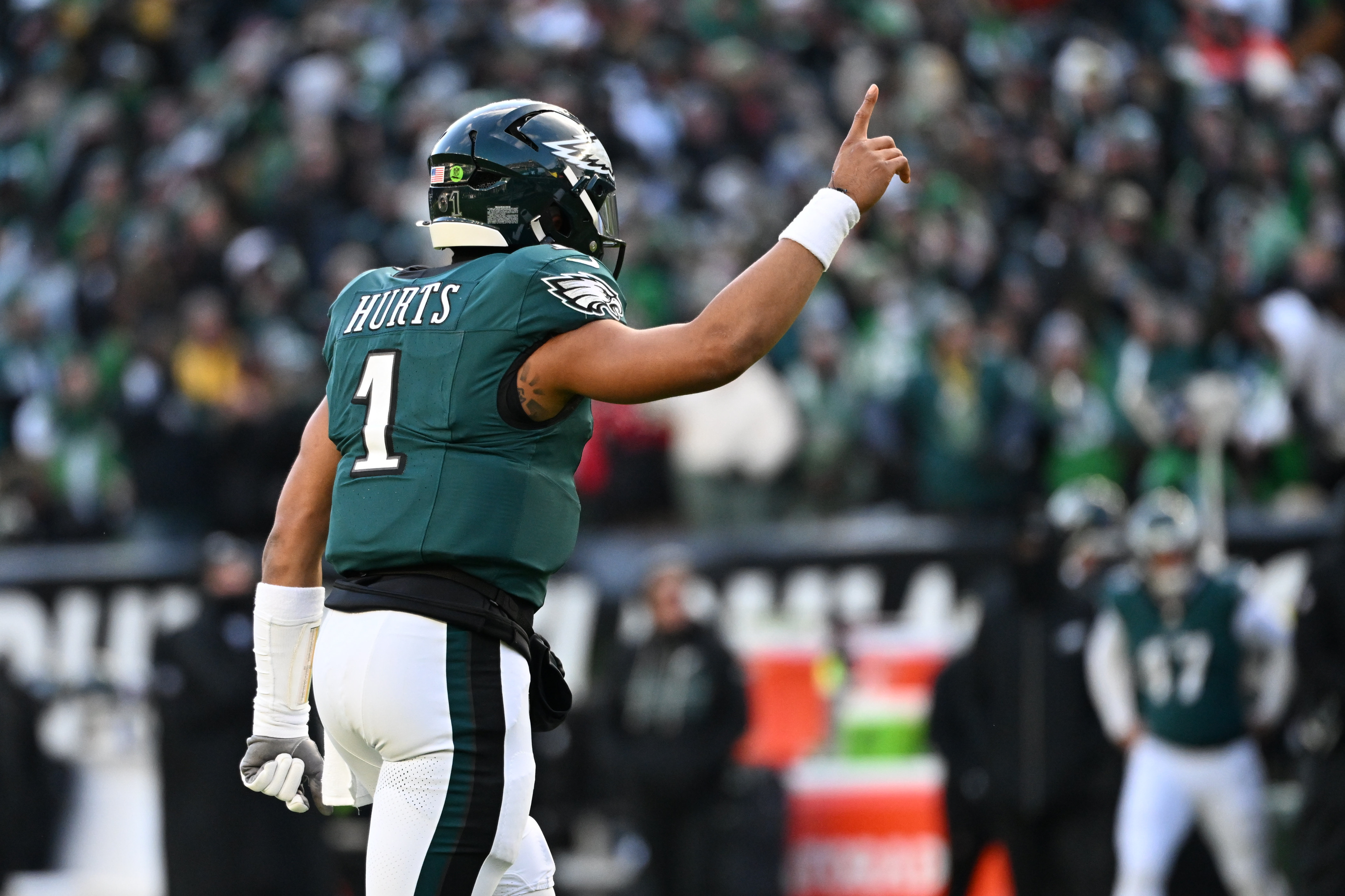 Philadelphia Eagles quarterback Jalen Hurts (1) reacts as he is feautured in our Eagles vs. Commanders same-game parlay.