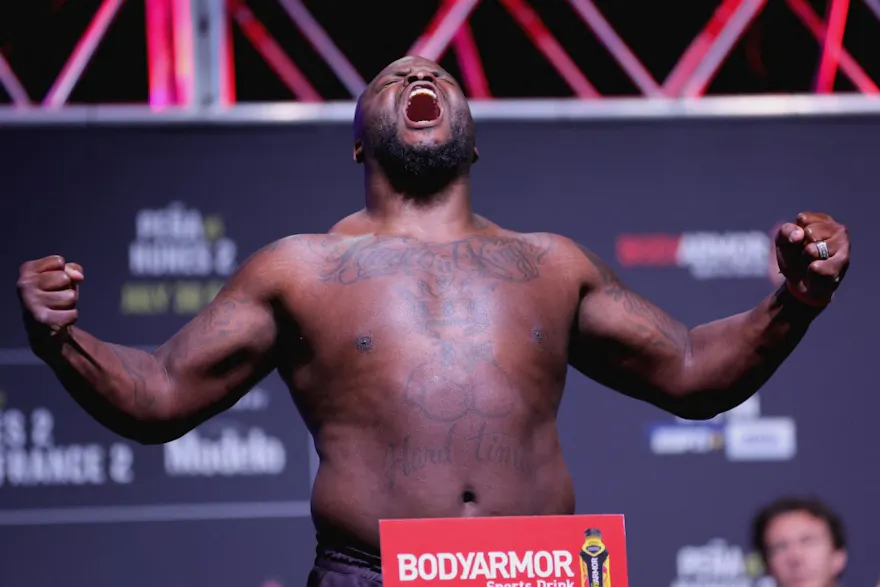 Derrick Lewis poses on the scale during the UFC 277 ceremonial weigh-in at American Airlines Center on July 29, 2022 in Dallas, Texas.