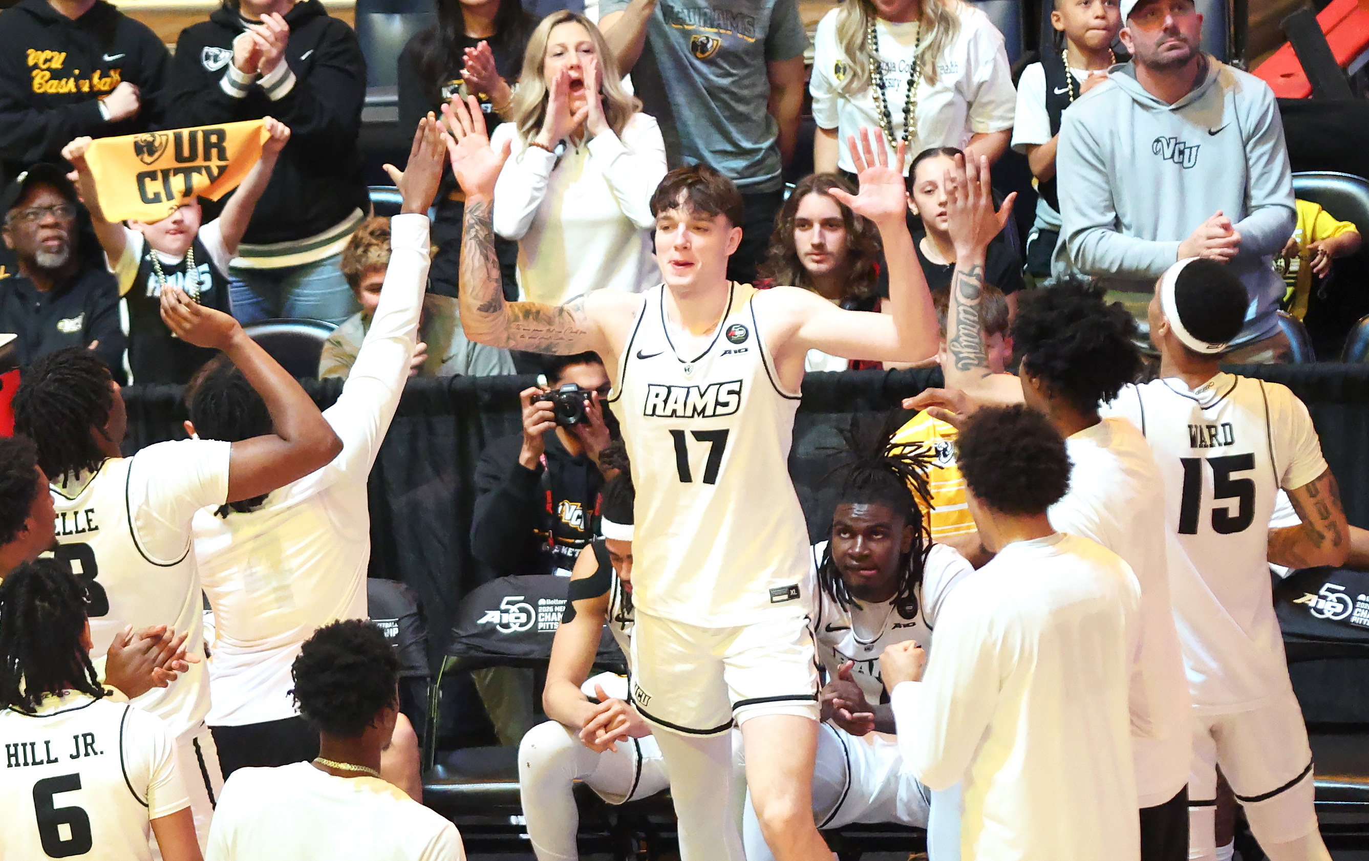 VCU forward Lazar Djokovic (17) during player introductions as we look at our VCU vs. North Carolina prediction and parlay today