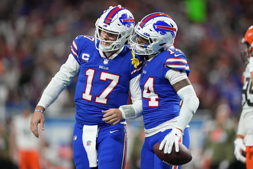 Josh Allen #17 of the Buffalo Bills and Stefon Diggs #14 of the Buffalo Bills celebrate after a touchdown during the second quarter against the Cleveland Browns at Ford Field on Nov. 20.