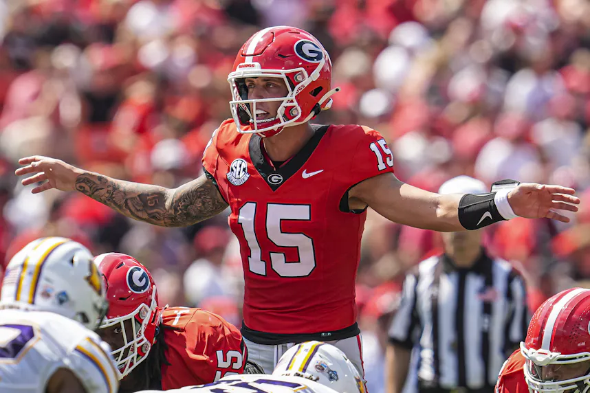 Georgia Bulldogs quarterback Carson Beck calls a play against the Tennessee Tech Golden Eagles as we look at our Georgia vs. Alabama early picks.