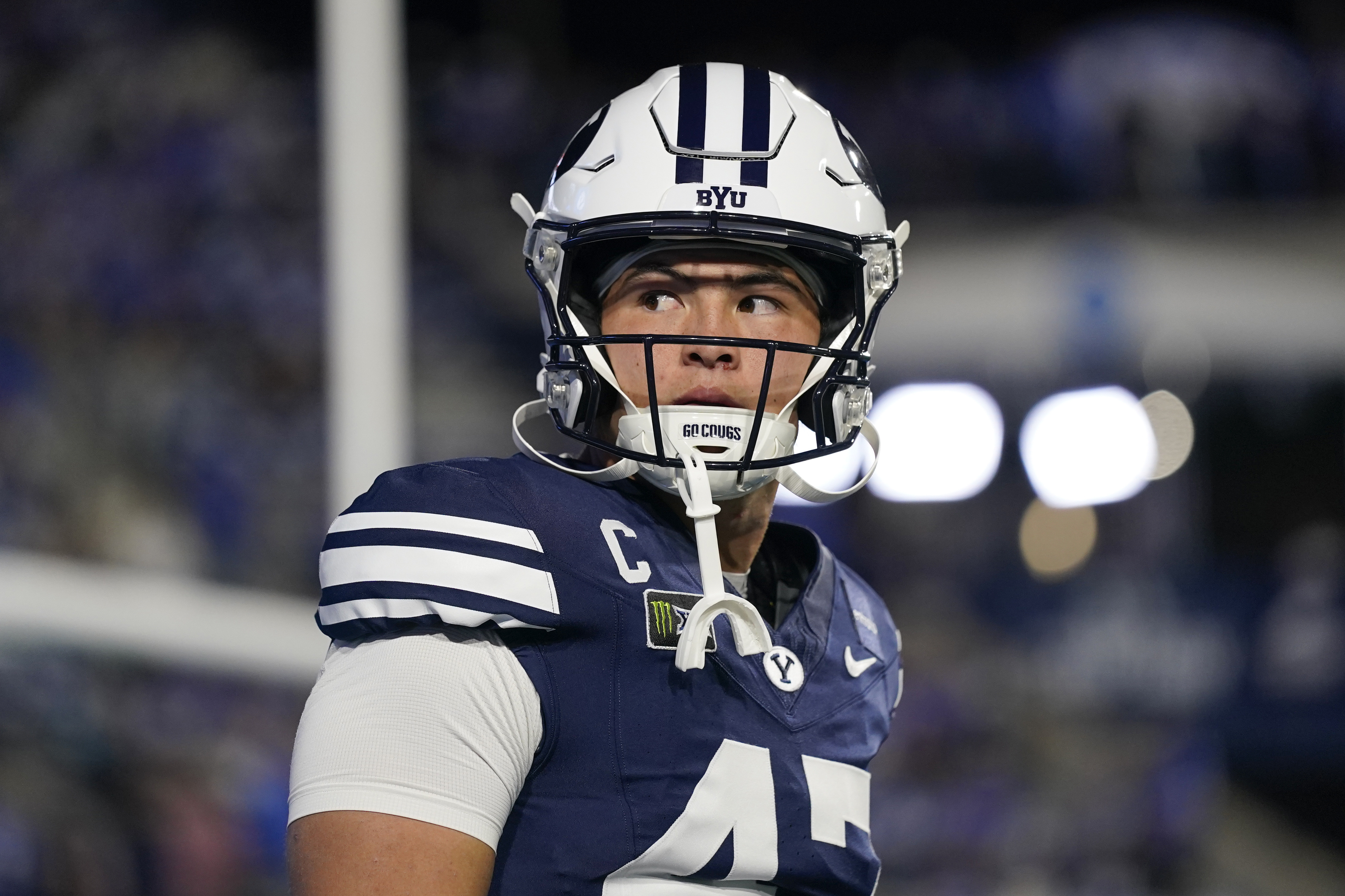 BYU Cougars quarterback Bear Bachmeier (47) warms up as we break down our Notre Dame vs. BYU same-game parlay.
