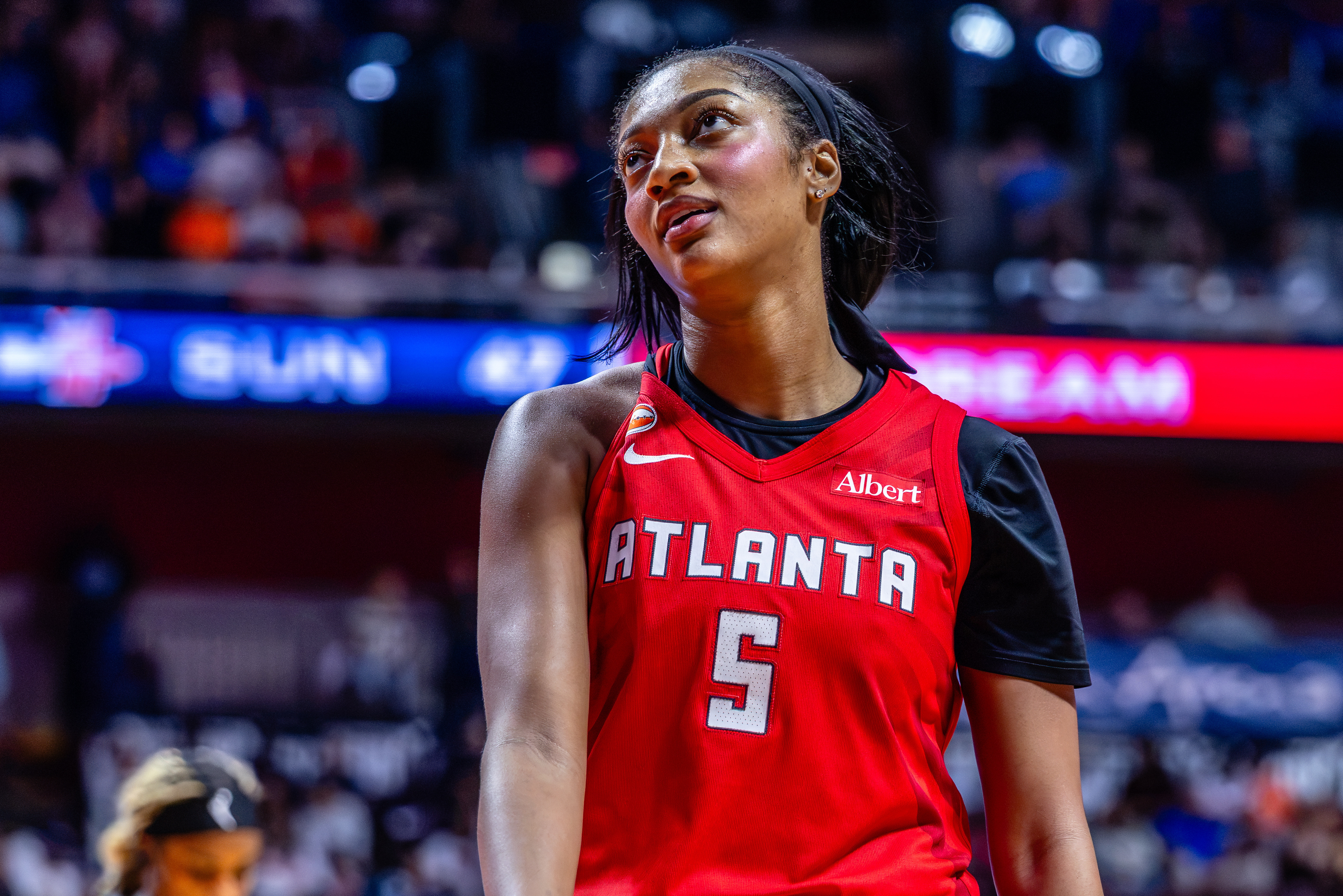Atlanta Dream Forward Angel Reese (5) reacts as we break down our Fever vs. Dream prediction.