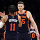 New York Knicks starters Isaiah Hartenstein (55) and Jalen Brunson (11) react as we offer our best Knicks vs. 76ers player props for Game 3 on Thursday.