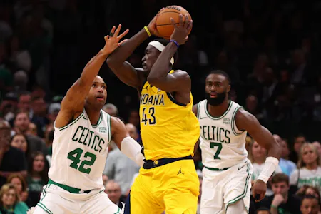 Al Horford of the Boston Celtics defends against Pascal Siakam as we look at our best Celtics vs. Pacers player props for Game 3