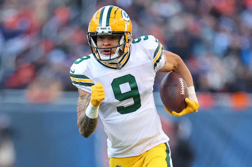 Christian Watson of the Green Bay Packers runs for a touchdown against the Chicago Bears, and we offer new U.S. bettors our exclusive BetRivers promo code for Packers vs. Raiders.