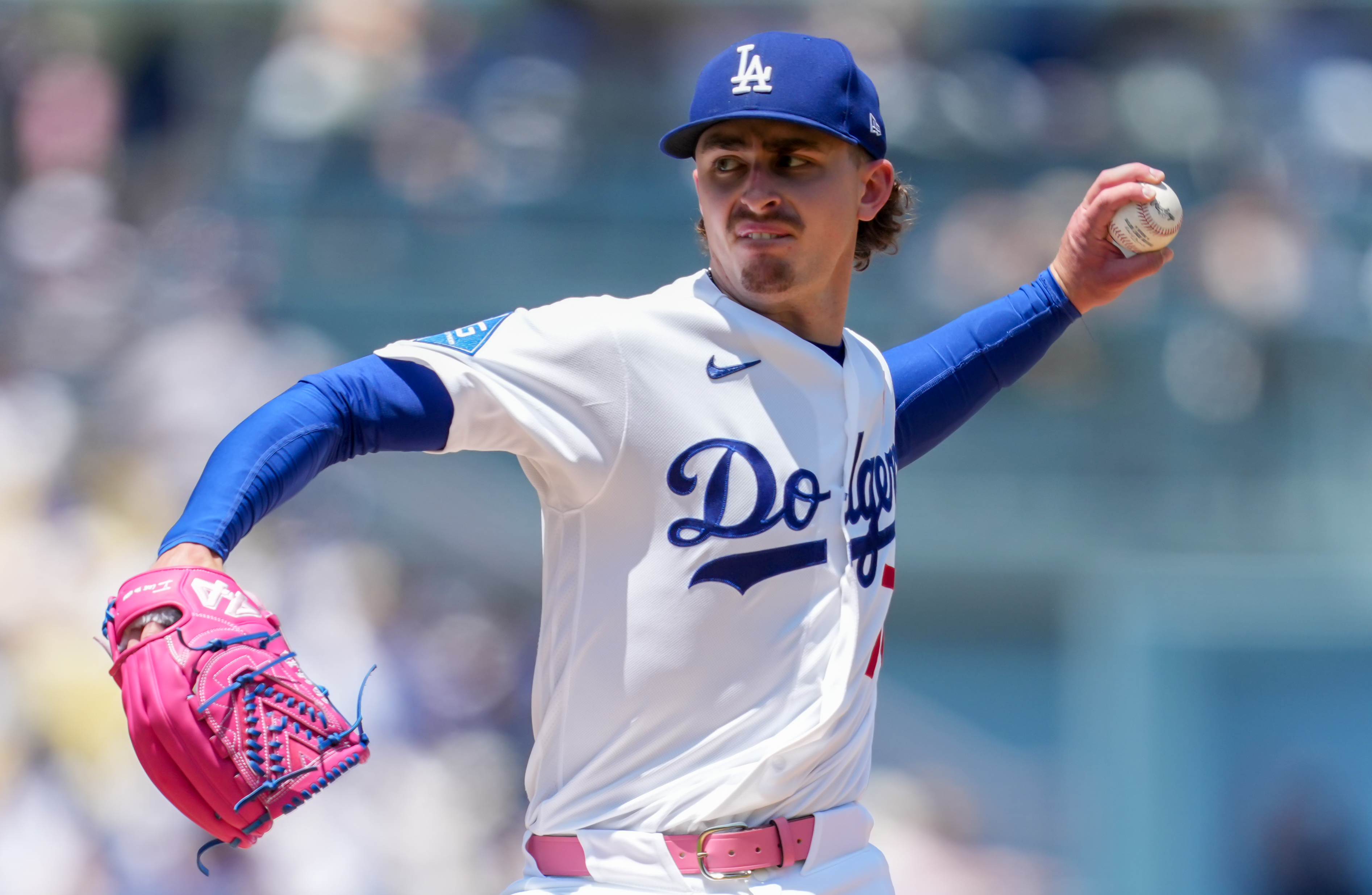 Los Angeles Dodgers pitcher Justin Wrobleski (70) pitches as we break down the Dodgers vs. Twins win probability.