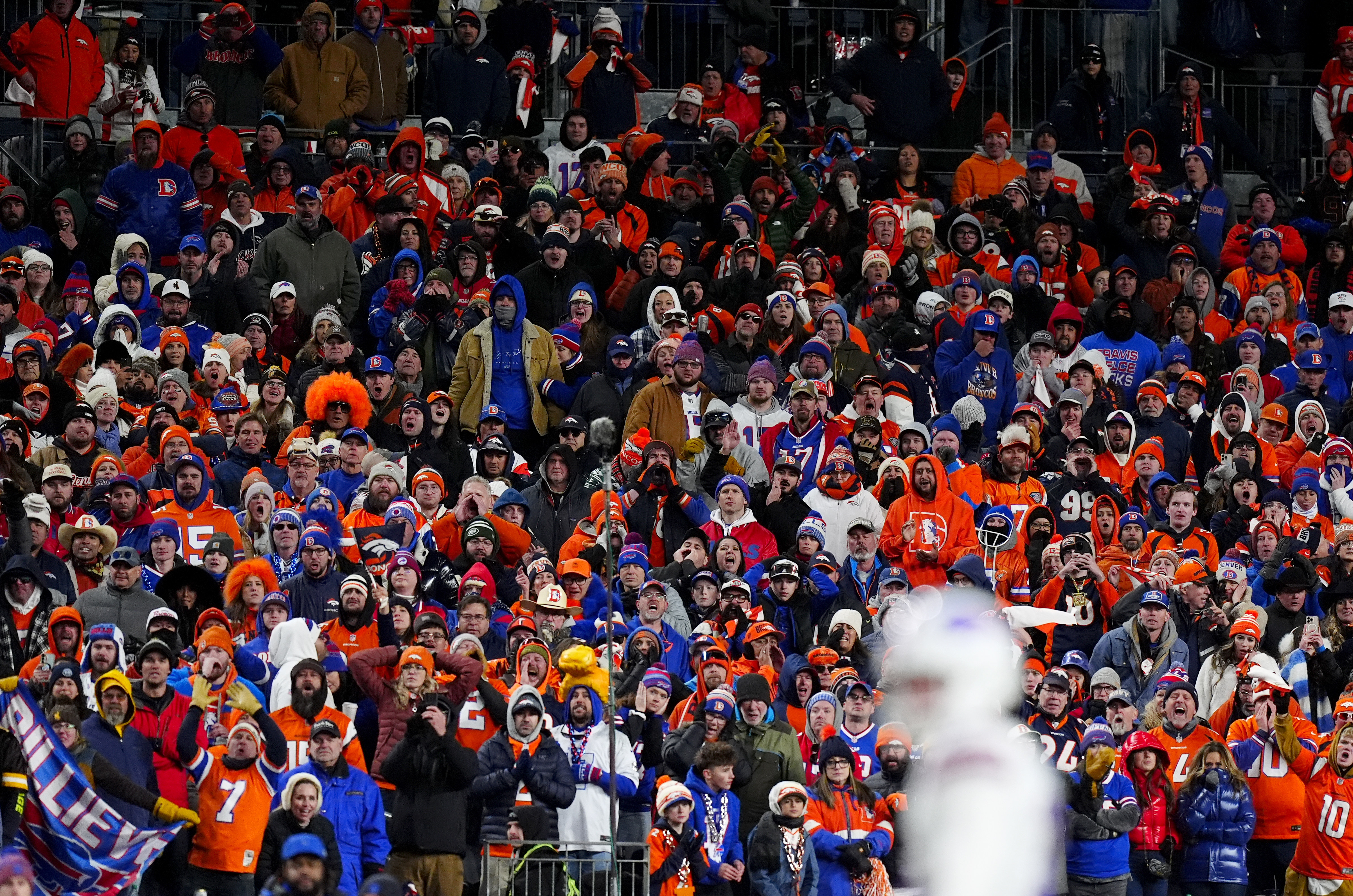 Denver Broncos fans in the stands at Empower Field at Mile High as we look at our Patriots vs. Broncos weather report