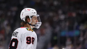 Connor Bedard #98 of the Chicago Blackhawks looks on as we look at the best 2024 NHL Calder Trophy odds