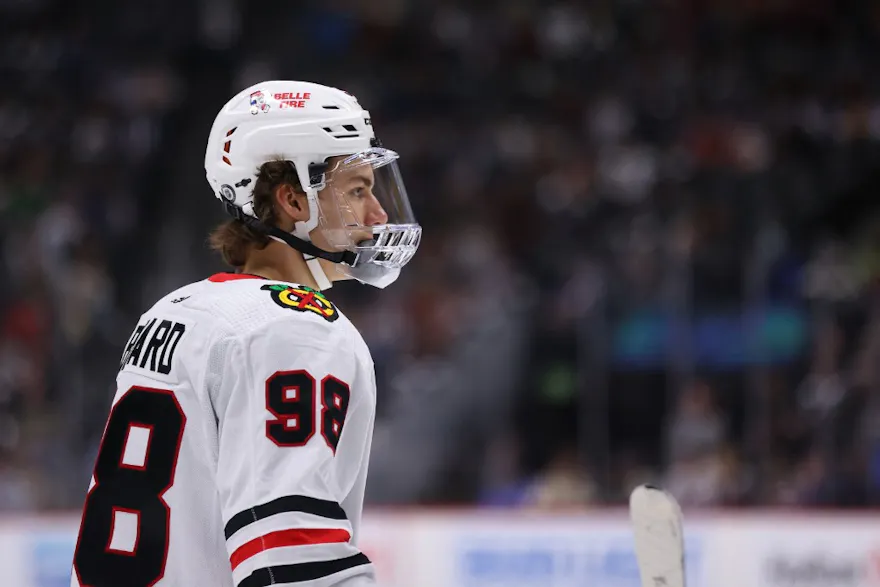 Connor Bedard #98 of the Chicago Blackhawks looks on as we look at the best 2024 NHL Calder Trophy odds
