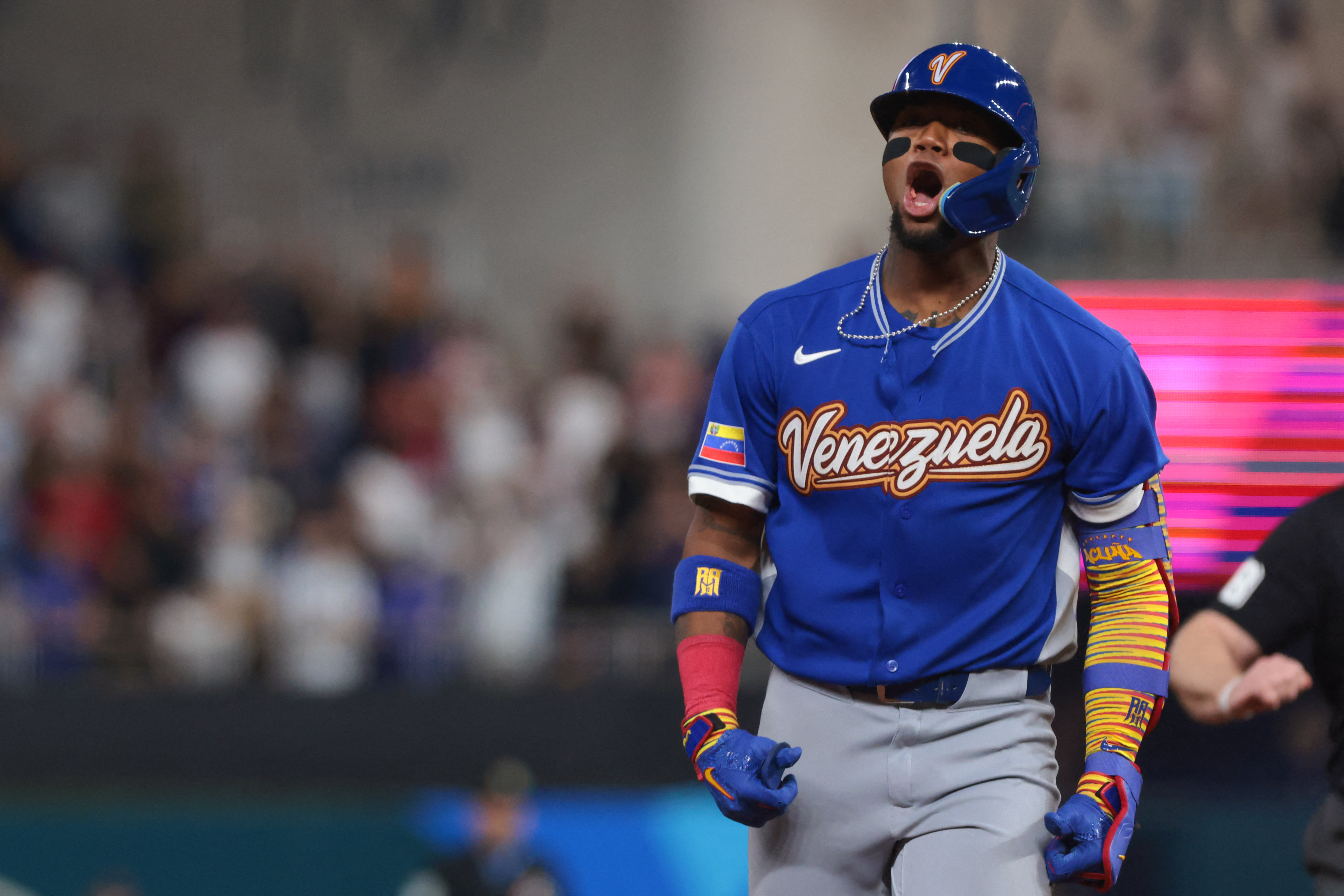 Venezuela right fielder Ronald Acuna Jr. - who's highlighted in my USA vs. Venezuela home run predictions - rounds the bases after hitting a home run. 