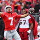 C.J. Stroud of the Ohio State Buckeyes reacts after being called for stepping out of bounds during the third quarter of a game against the Indiana Hoosiers at Ohio Stadium on November 12, 2022 in Columbus, Ohio.