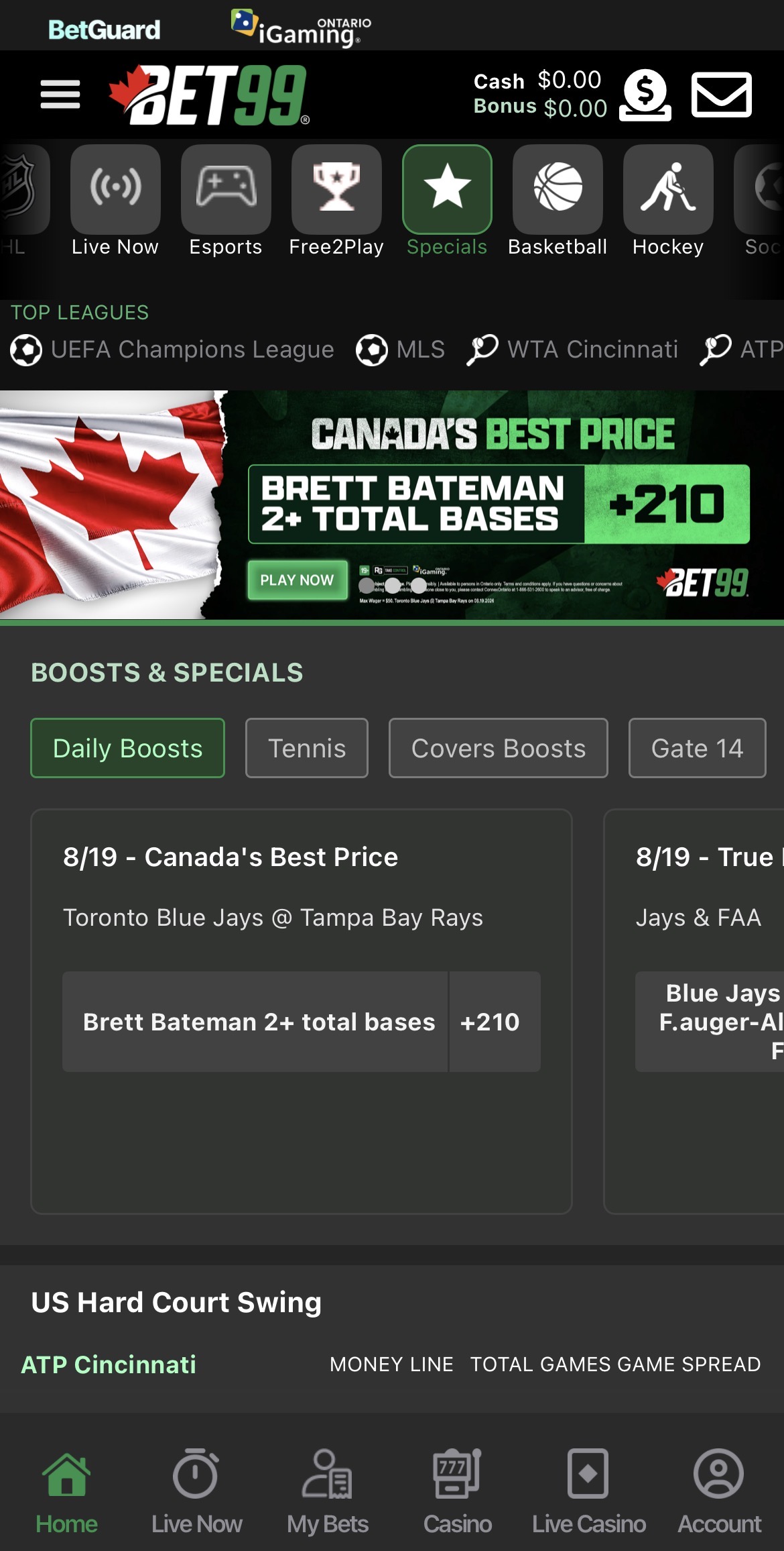BET99 mobile app home screen.