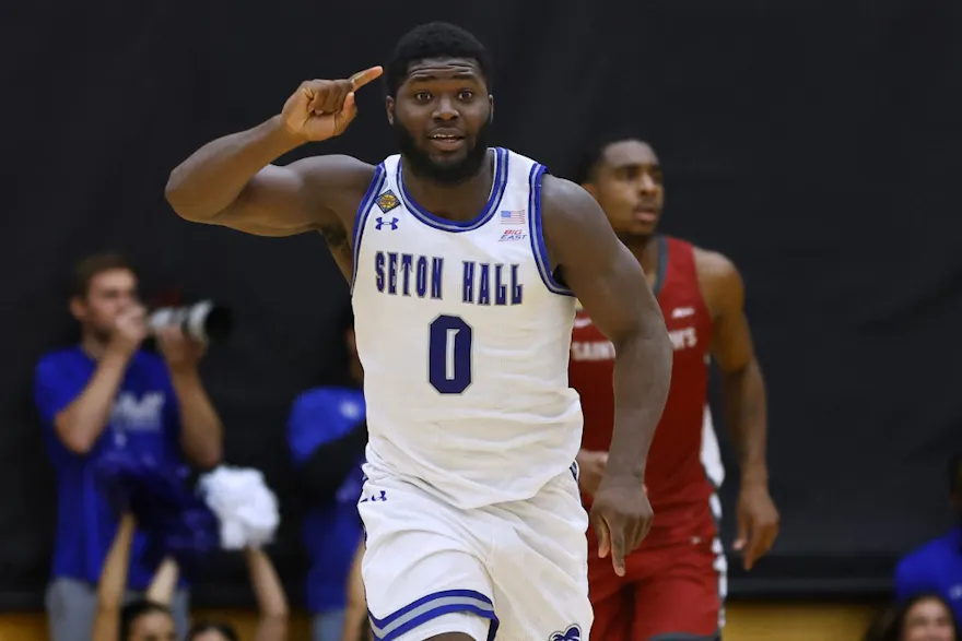Dylan Addae-Wusu #0 of the Seton Hall Pirates gestures after a dunk as we offer our best Georgia vs. Seton Hall expert pick and prediction for the NIT semifinal on Tuesday.