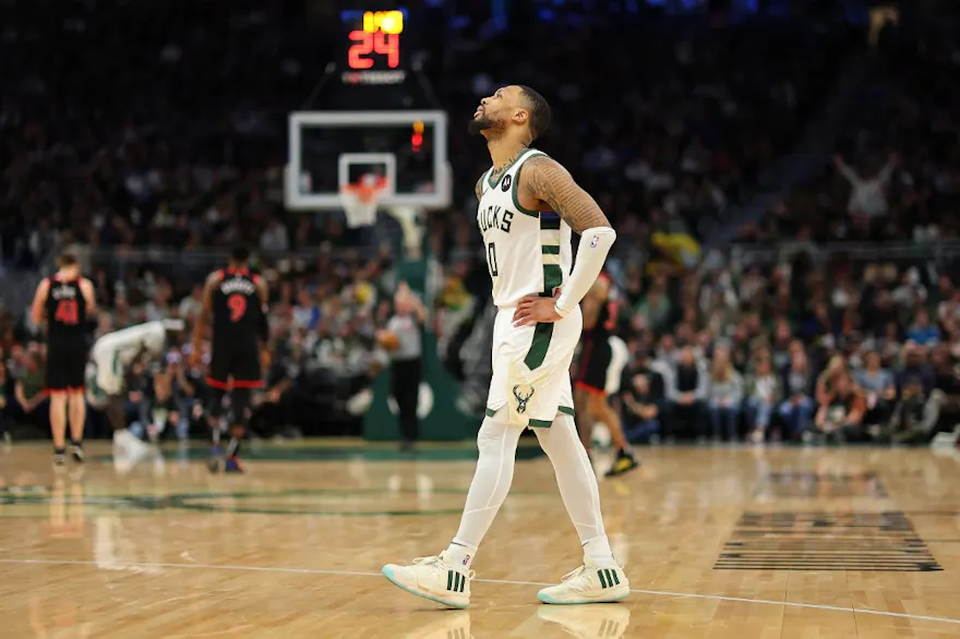 Damian Lillard #0 of the Milwaukee Bucks reacts as we look at our NBA Best Bets and player props for Wednesday