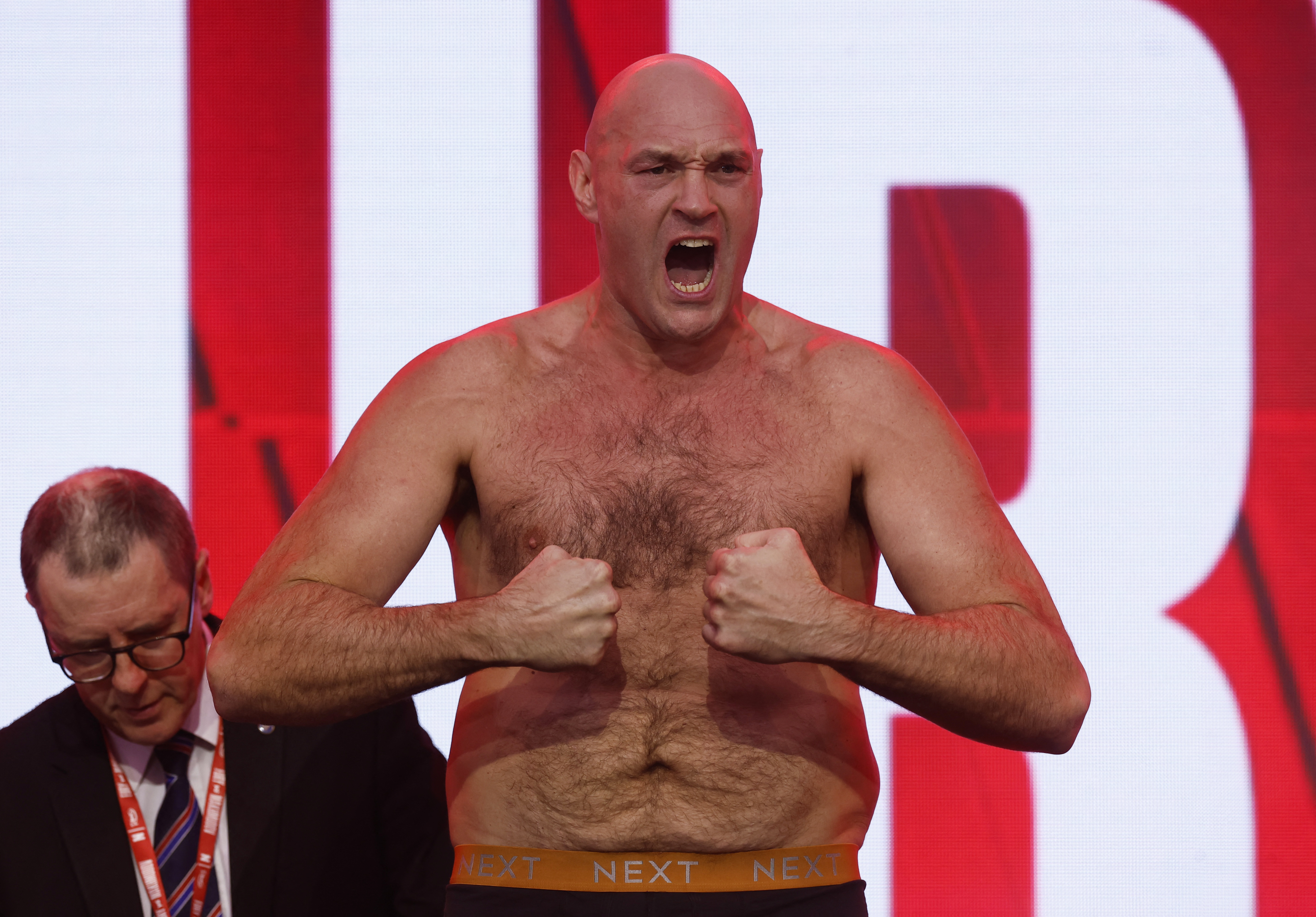 Tyson Fury during the weigh-in as we look at our best Fury vs. Makhmudov predictions.