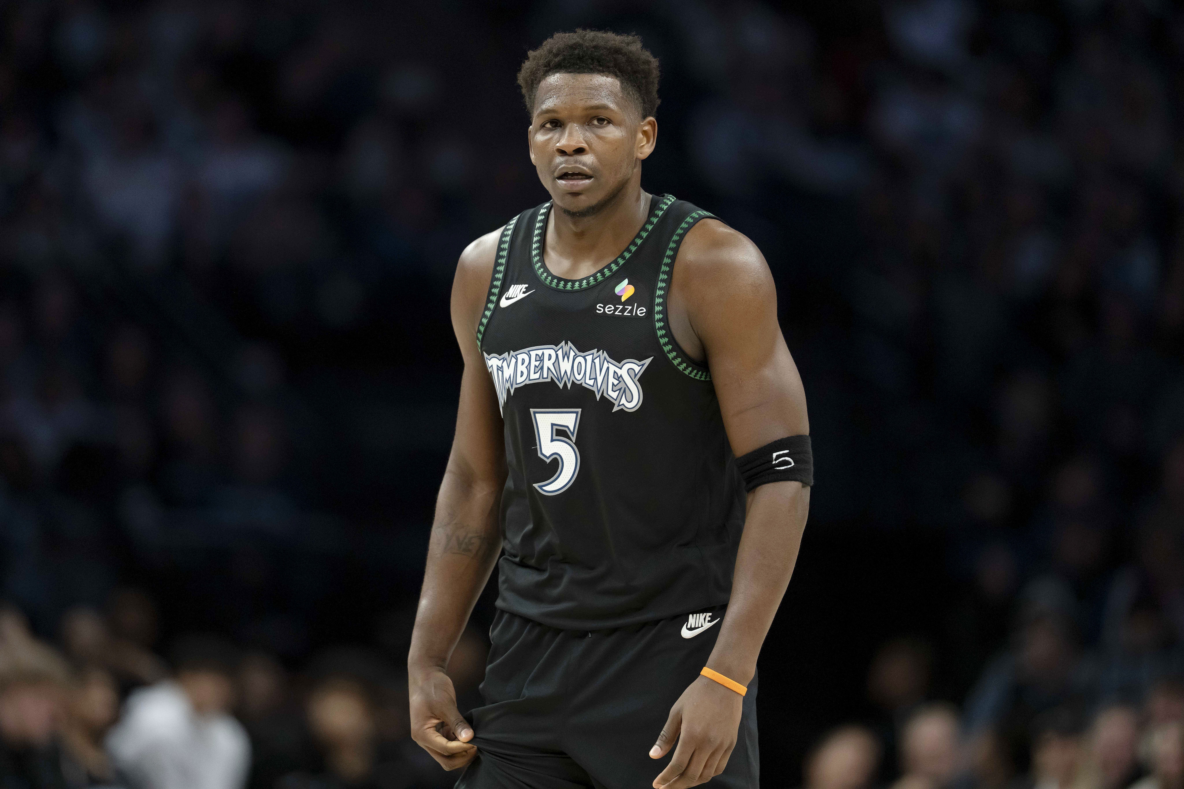 Minnesota Timberwolves guard Anthony Edwards (5) looks on as he is featured in our Anthony Edwards player prop picks for NBA Christmas Day.