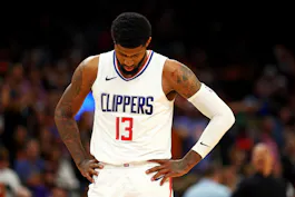 Los Angeles Clippers forward Paul George (13) reacts as we examine the latest NBA championship odds entering NBA free agency.
