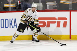 Brad Marchand warms up prior to Game 2 against the Florida Panthers as we offer our Game 3 analysis and prediction for the Panthers vs. Bruins second-round series. 