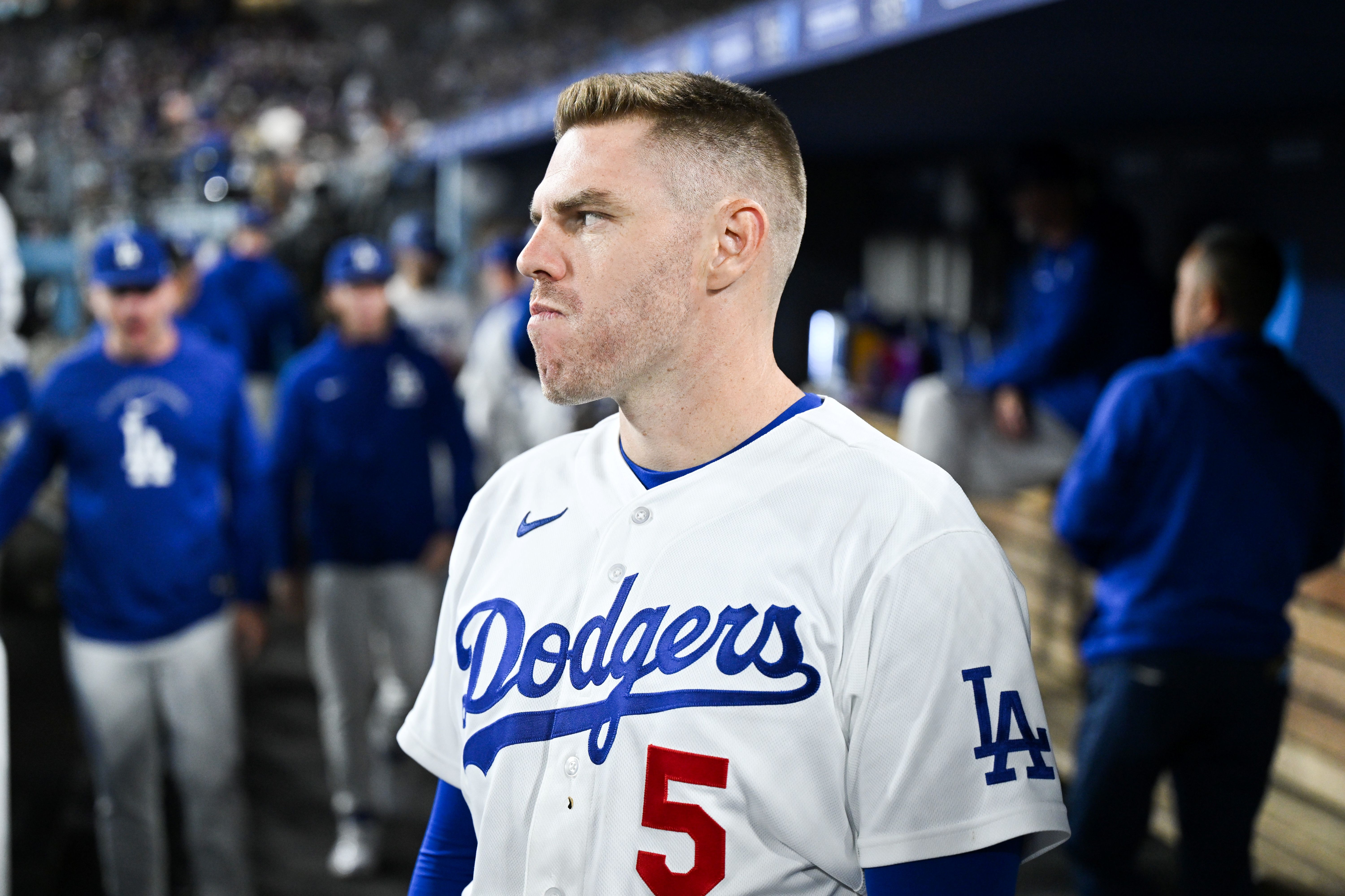 Los Angeles Dodgers first baseman Freddie Freeman (5), seen here preparing to take the field during a game, is featured in our home run predictions today.