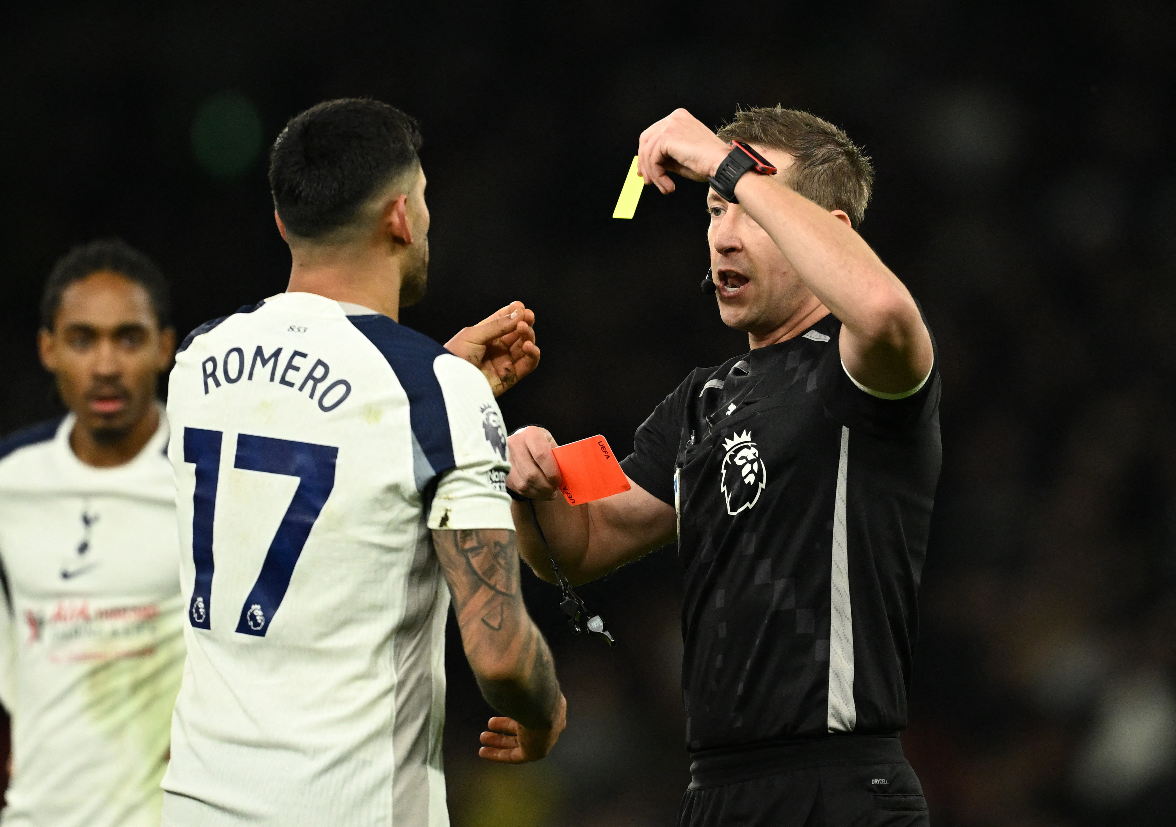Tottenham's Cristian Romero is shown a card as we make our best Sunderland vs. Tottenham prediction