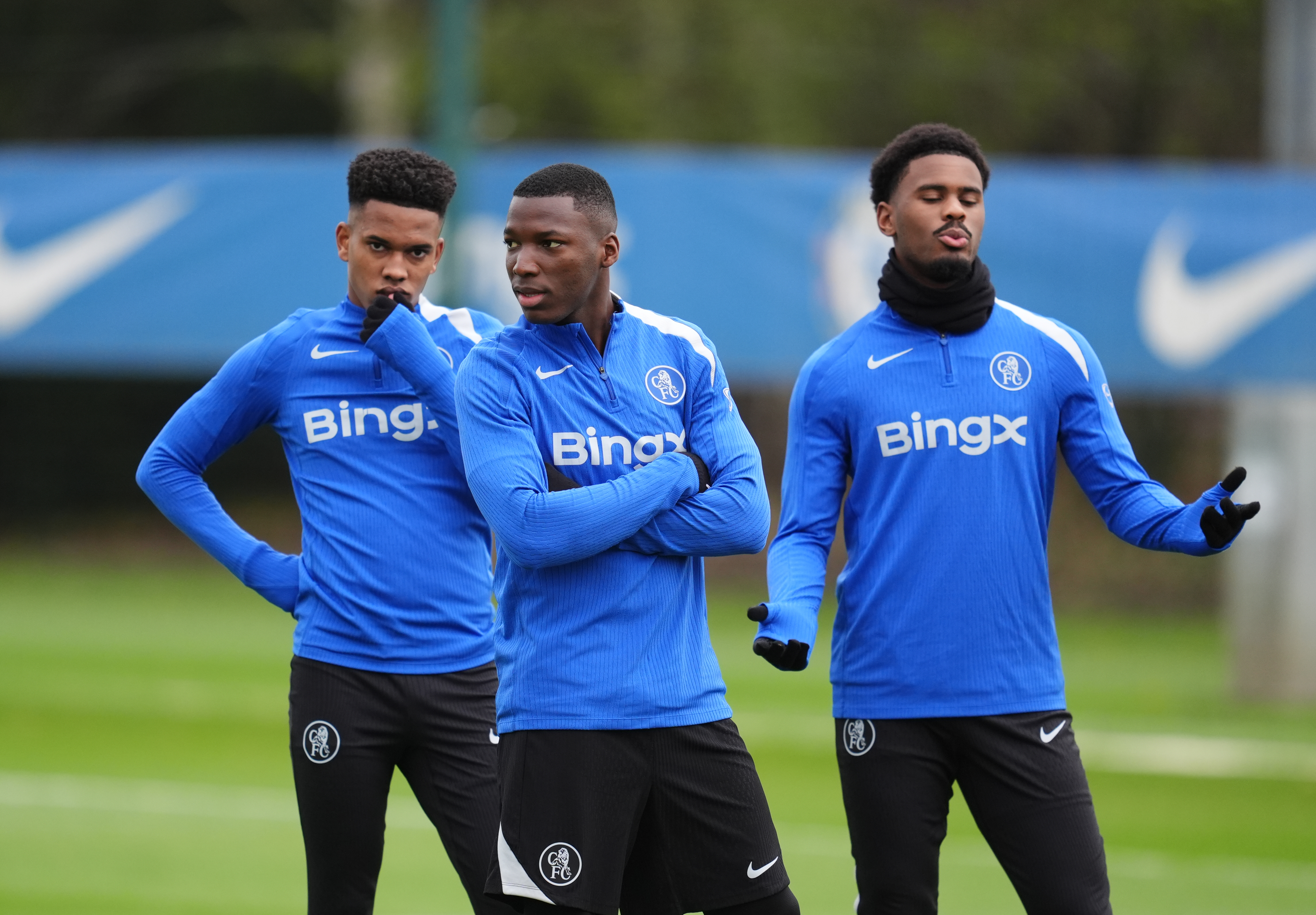 Estevao (left), Moises Caicedo (centre) and Jorrel Hato (right) during a training session as we offer our Atalanta vs. Chelsea prediction and odds.