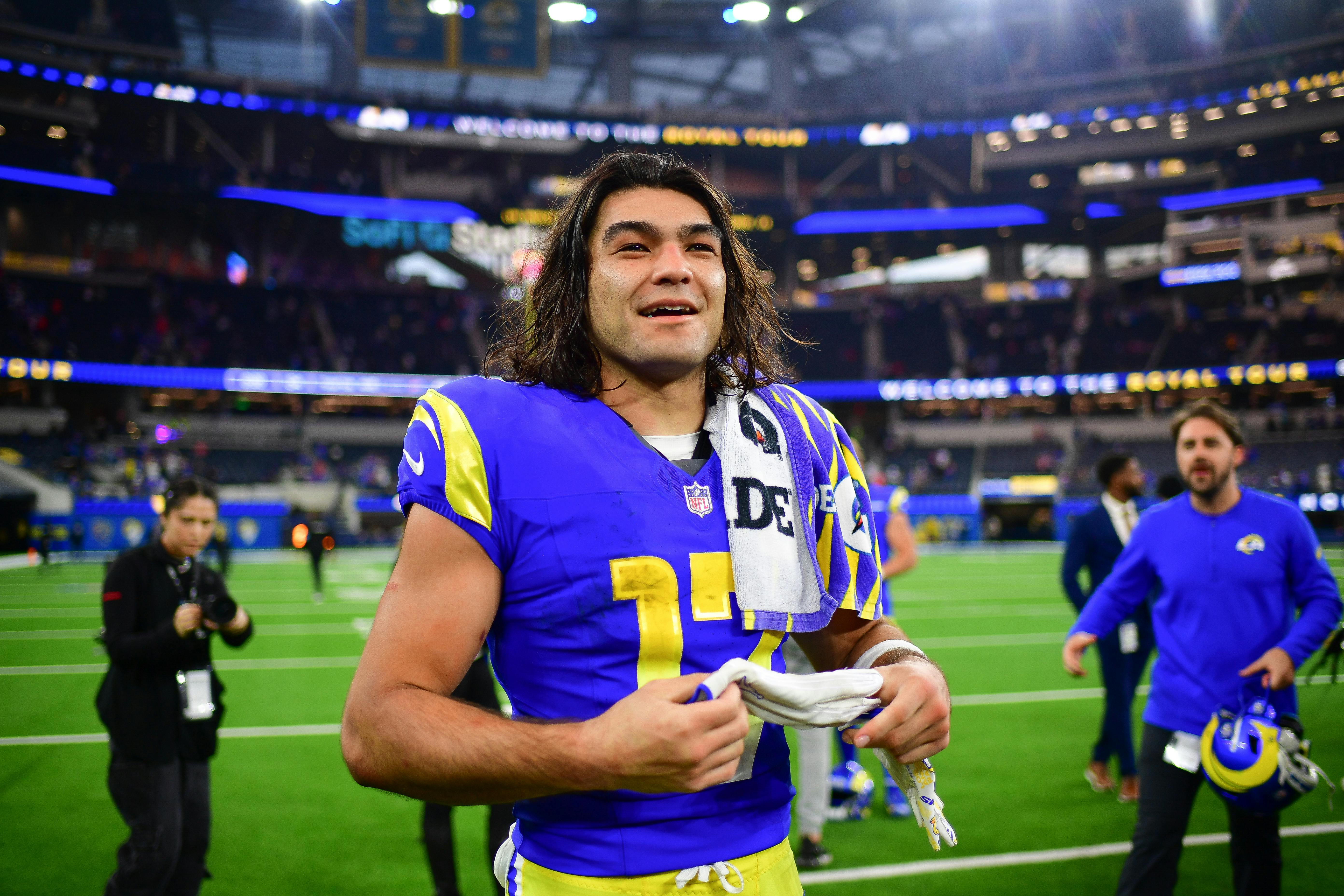 Los Angeles Rams wide receiver Puka Nacua celebrates as we look at the NFC West odds.