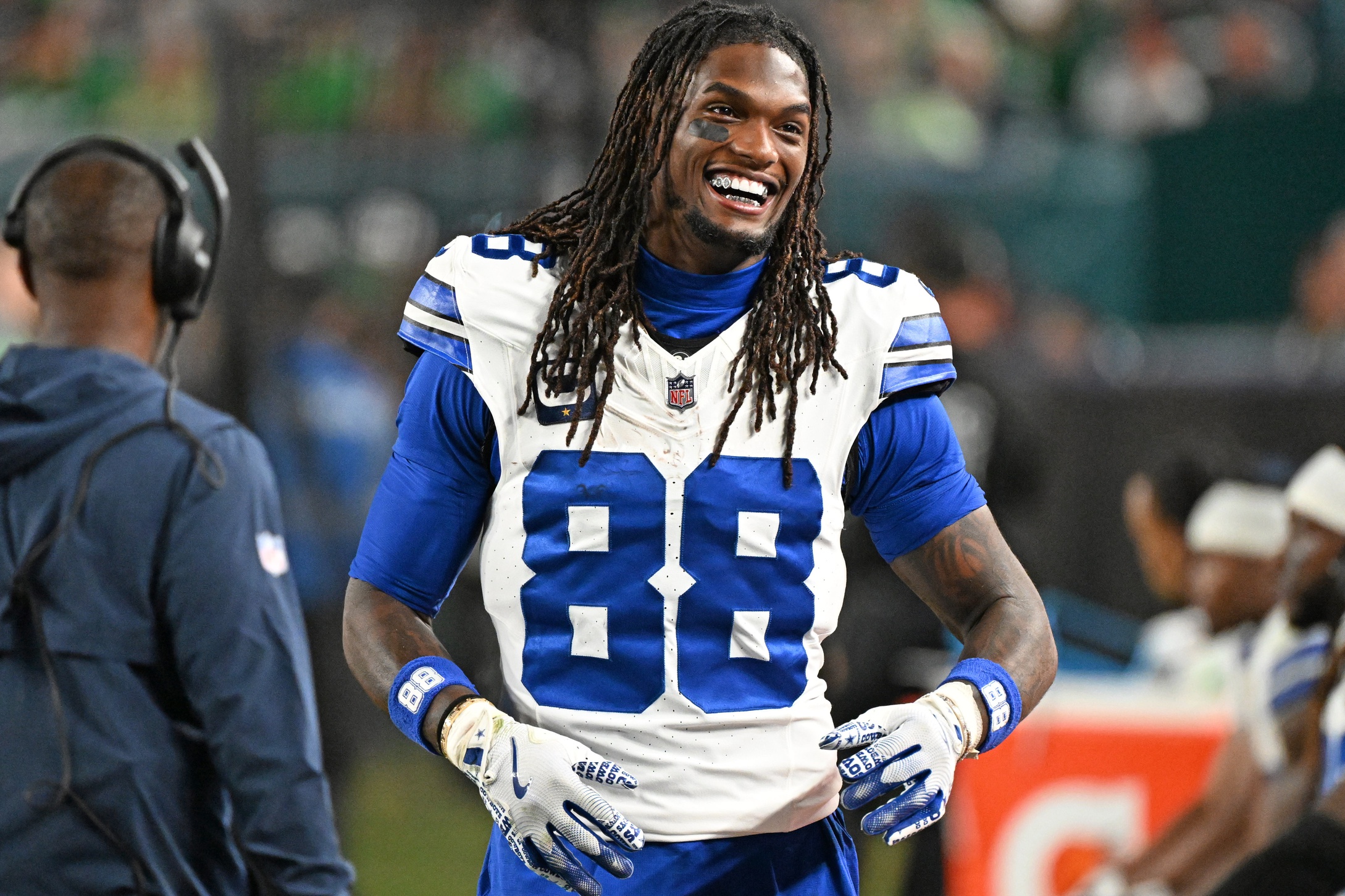 Dallas Cowboys wide receiver CeeDee Lamb reacts, and he's key to our Cowboys vs. Commanders predictions for Christmas Day.