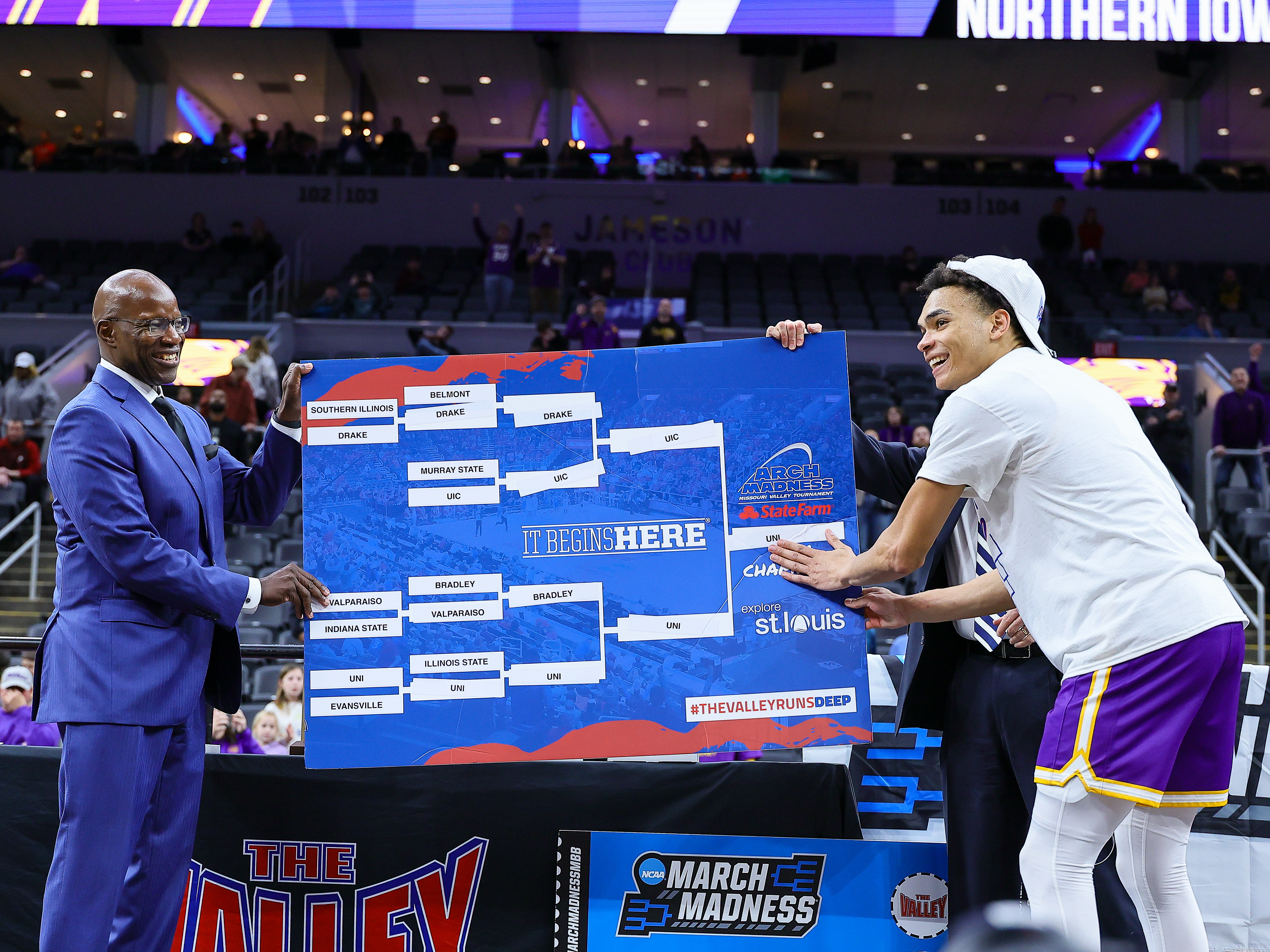 Northern Iowa guard Trey Campbell (4) puts the UNI sticker in the champion bracket position after winning the MVC men's conference championship basketball tournament as we look at the best free March Madness bracket contest