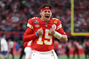 Patrick Mahomes of the Kansas City Chiefs reacts prior to Super Bowl LVIII against the San Francisco 49ers as we look at our Ravens-Chiefs odds.