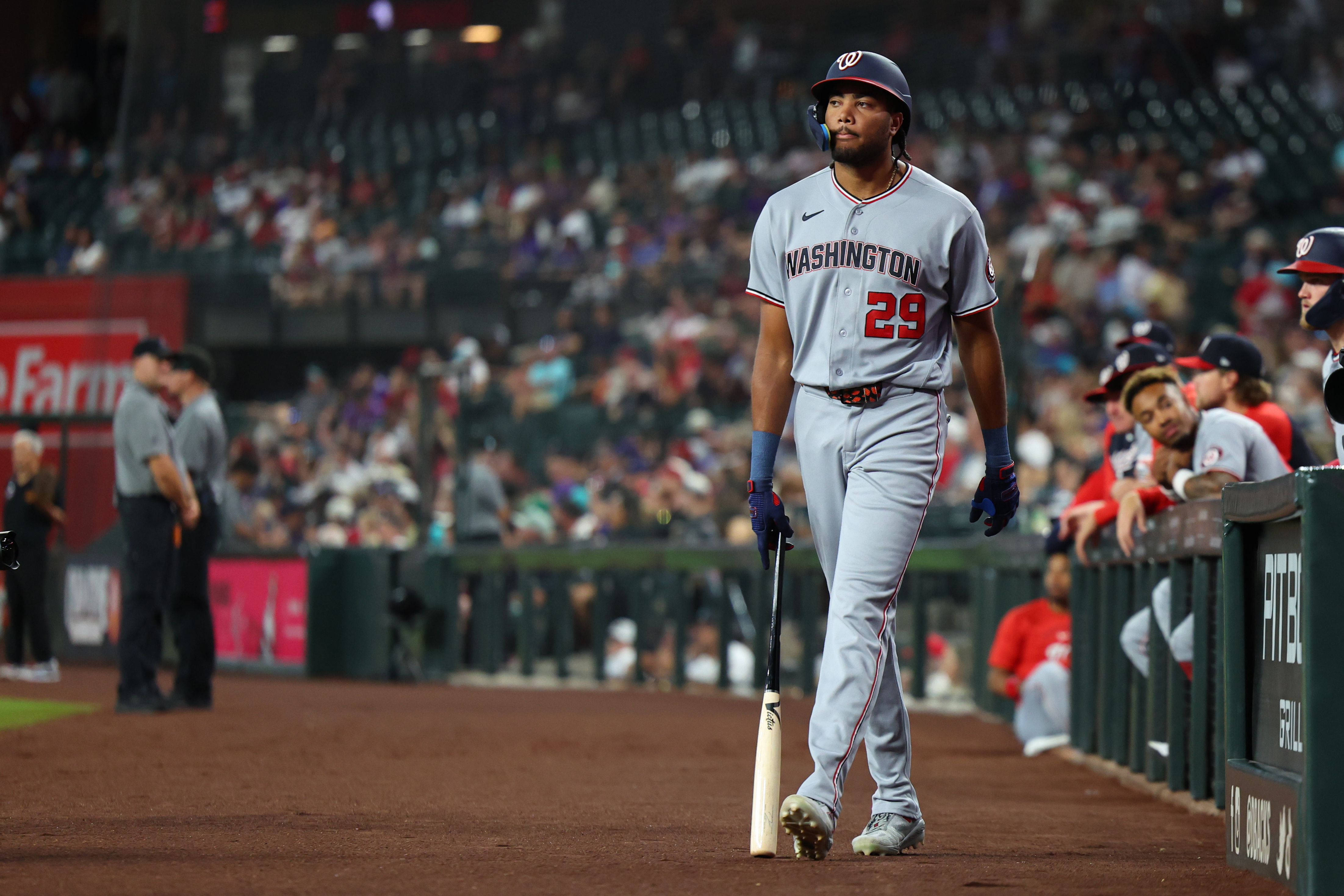 Washington Nationals designated hitter James Wood (29) walks out as he is featured in our Nationals vs. Giants prediction & picks.