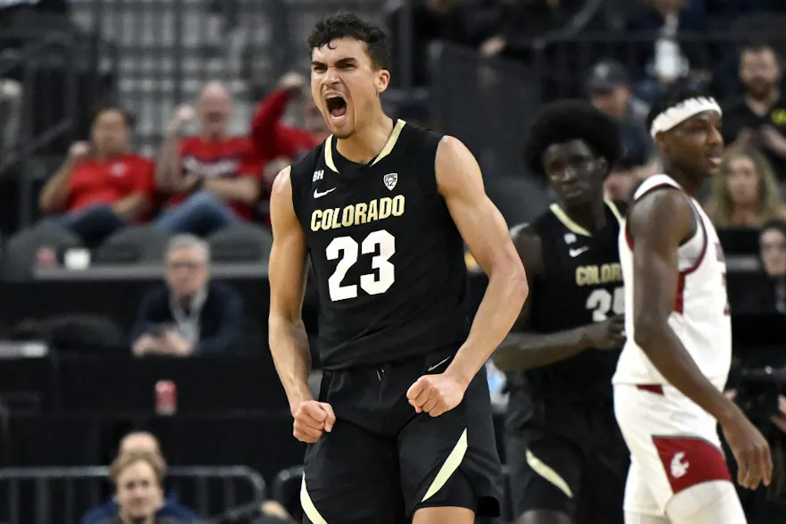 Tristan da Silva of the Colorado Buffaloes reacts after a basket in the first half of a semifinal game against the Washington State Cougars during the Pac-12 Conference basketball tournament as we look at our Colorado-Marquette prediction.