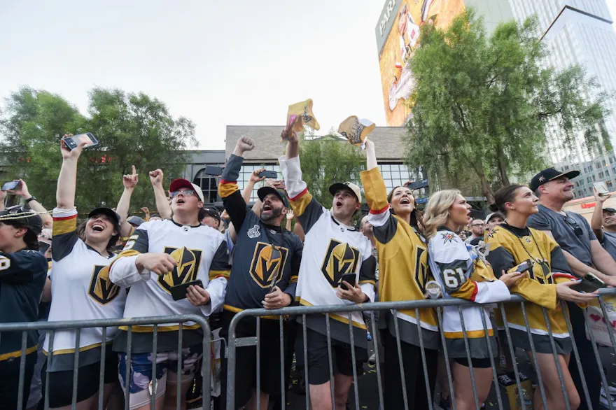 Fans line up on the Las Vegas Strip during a victory parade and rally for the Vegas Golden Knights.