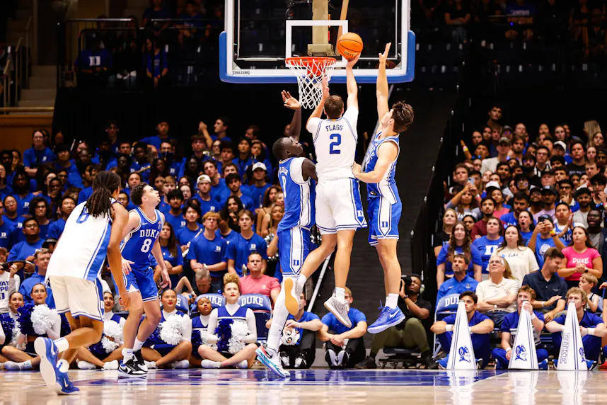 Duke guard Cooper Flagg dunks the ball. We're backing Flagg in our Duke vs. Kentucky prediction.