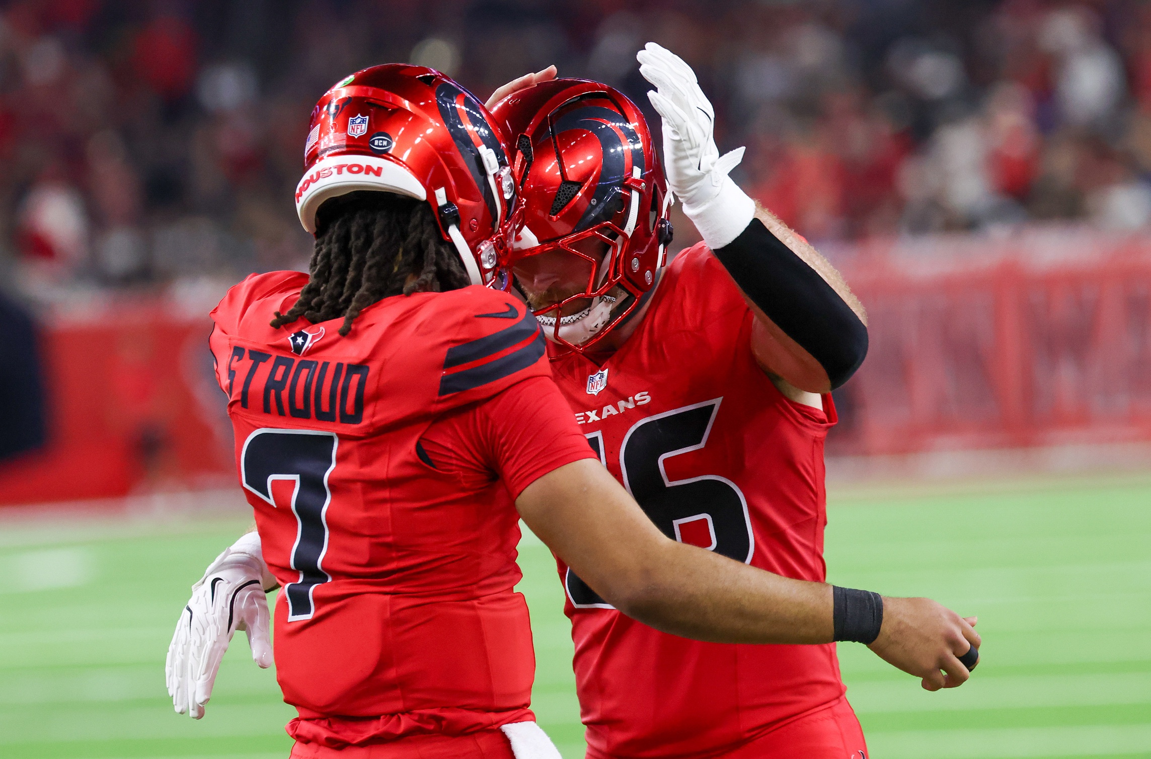 C.J. Stroud celebrates his touchdown pass as we offer our NFL Predictions for Week 17.