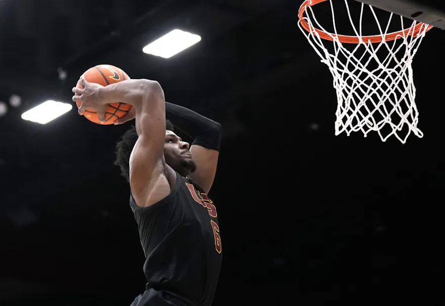 Bronny James #6 of the USC Trojans goes up for a slam dunk as we look at our USC vs. Washington prediction