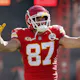 Travis Kelce #87 of the Kansas City Chiefs takes to the field as we look at the Sunday Night Football odds