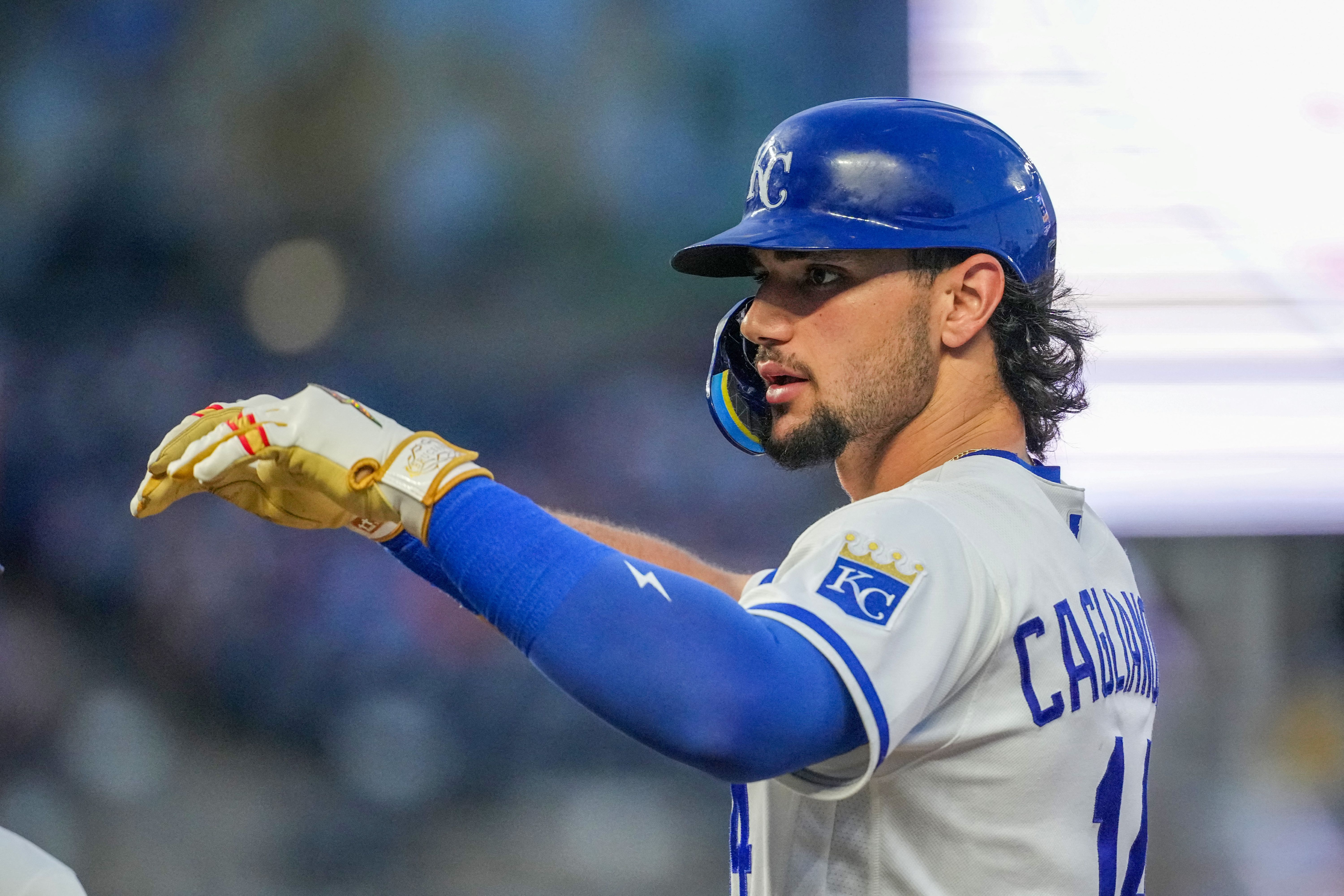 Kansas City Royals right fielder Jac Caglianone (14), seen here celebrating during a game, is featured in our Astros vs. Royals prediction.