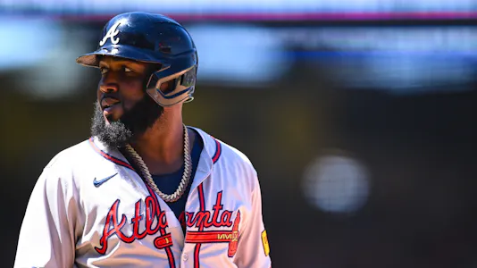 Atlanta Braves designated hitter Marcell Ozuna reacts against the Los Angeles Angels.