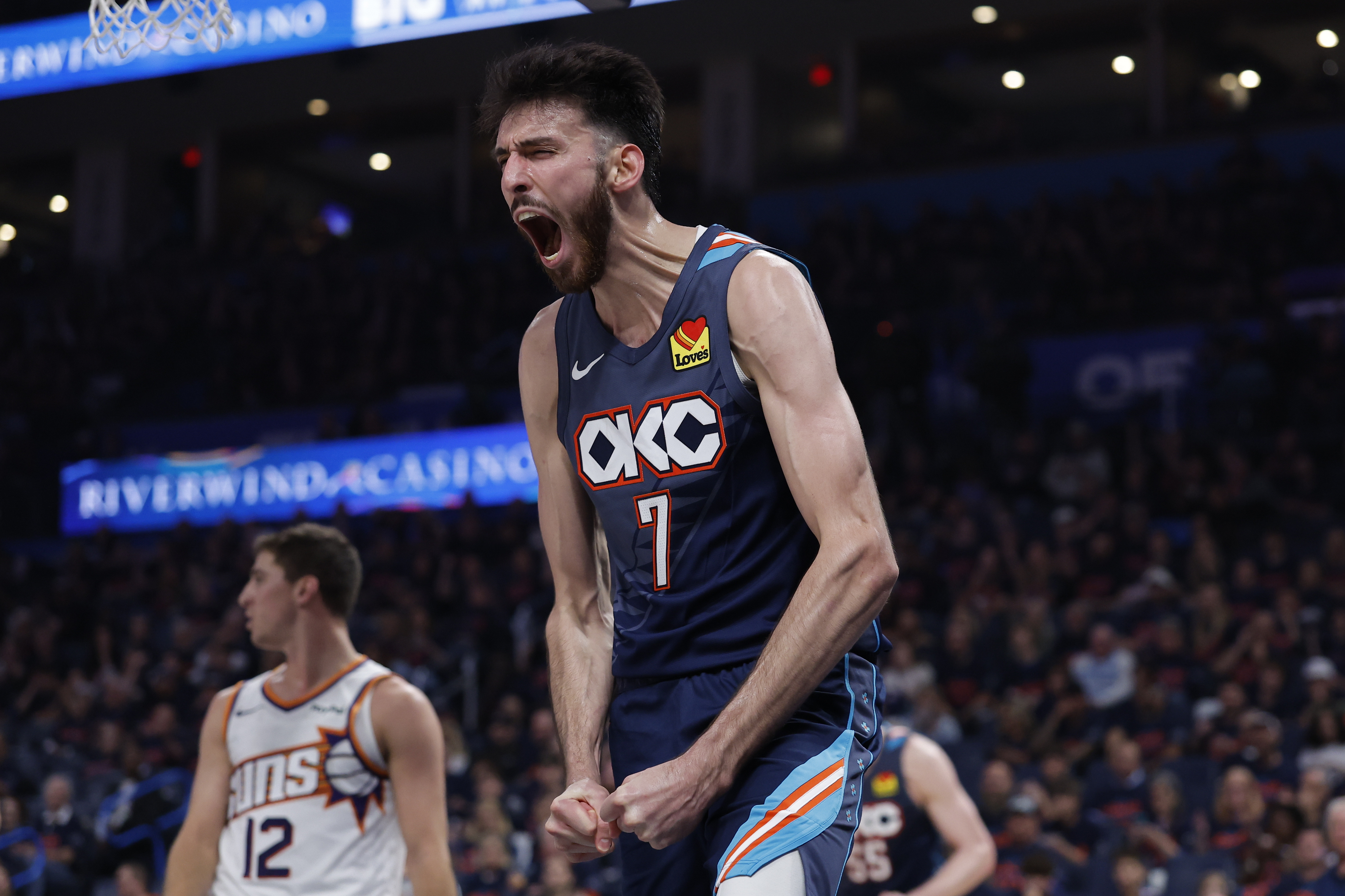 Oklahoma City Thunder center Chet Holmgren screams as we look at Oklahoma moving closer to a regulated sports betting market