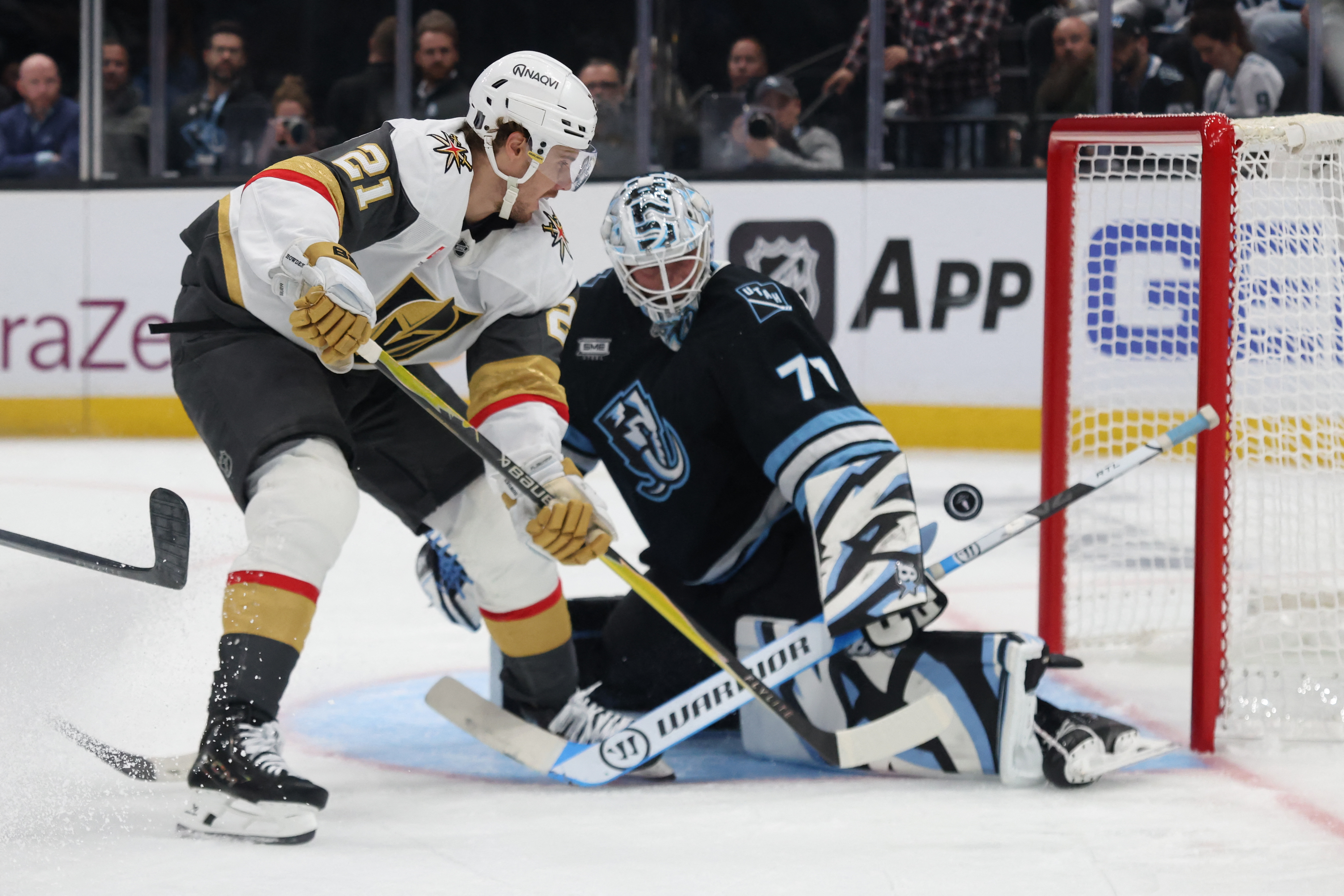 Vegas Golden Knights center Brett Howden shoots against Utah Mammoth goaltender Karel Vejmelka as we make our best Golden Knights vs. Mammoth prediction.