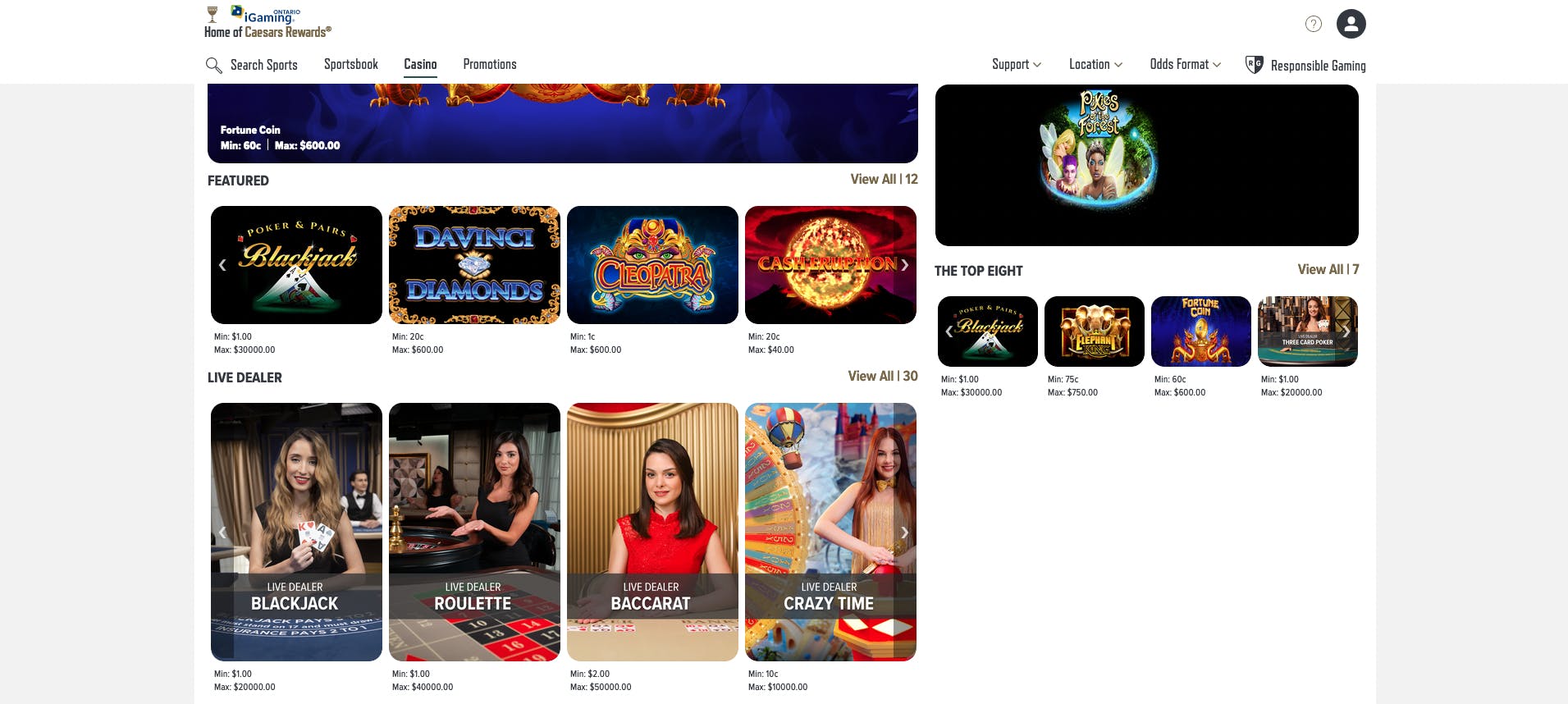 Caesars casino homepage<br>