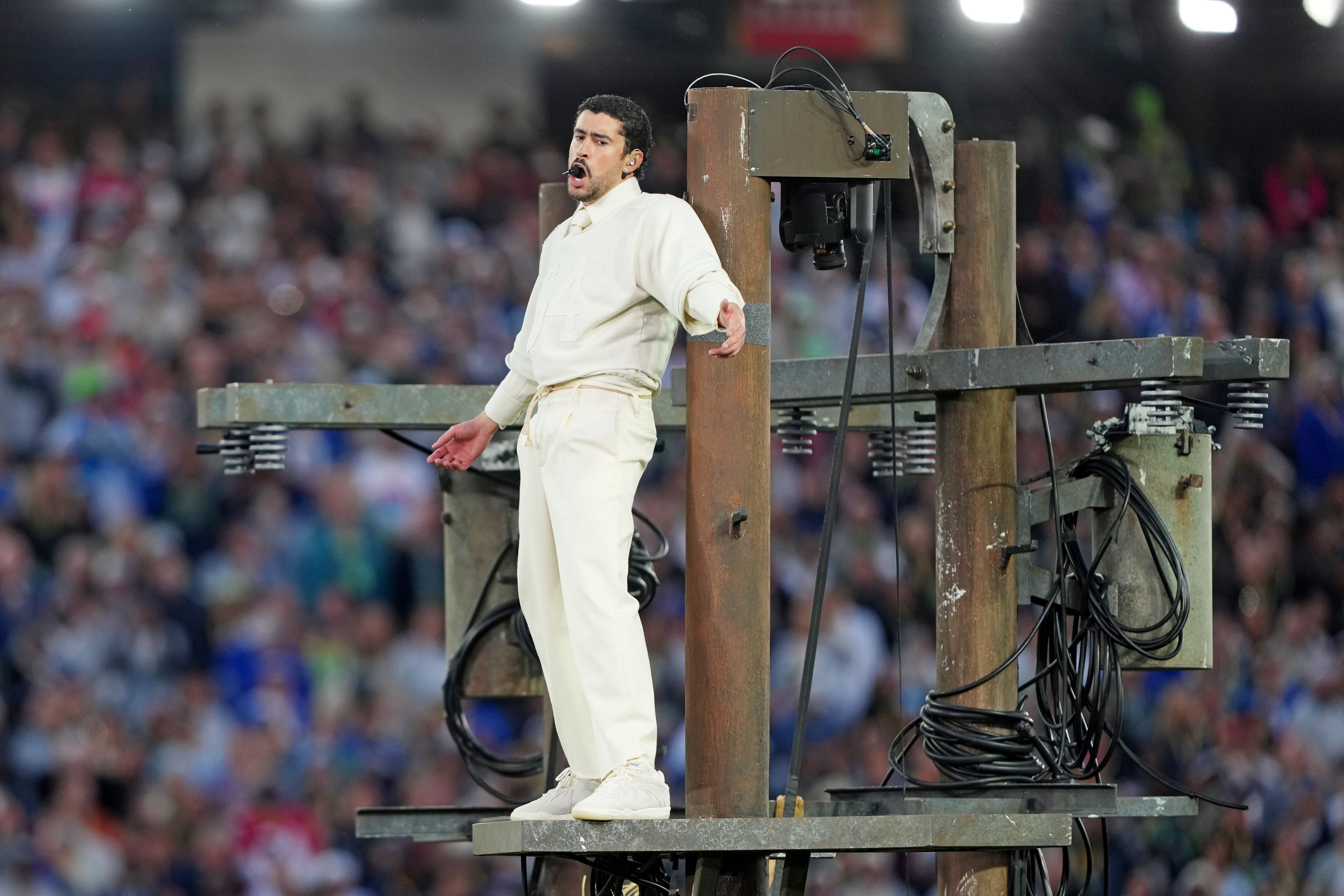 Bad Bunny performs during the Super Bowl 2026 halftime show as we look at the Super Bowl halftime show odds & props