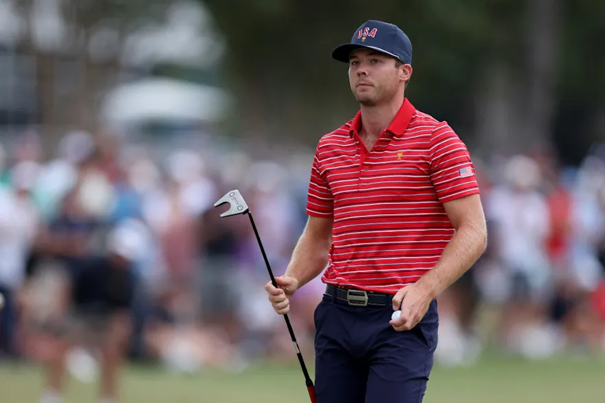 Sam Burns of the United States Team walks off the 16th hole during Sunday singles matches on day four of the 2022 Presidents Cup at Quail Hollow Country Club on September 25, 2022 in Charlotte, North Carolina.
